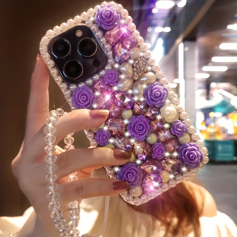 Pearl Frame Crystal Flower Phone Case for iPhone 16 Pro Max with Lanyard and Shockproof TPU