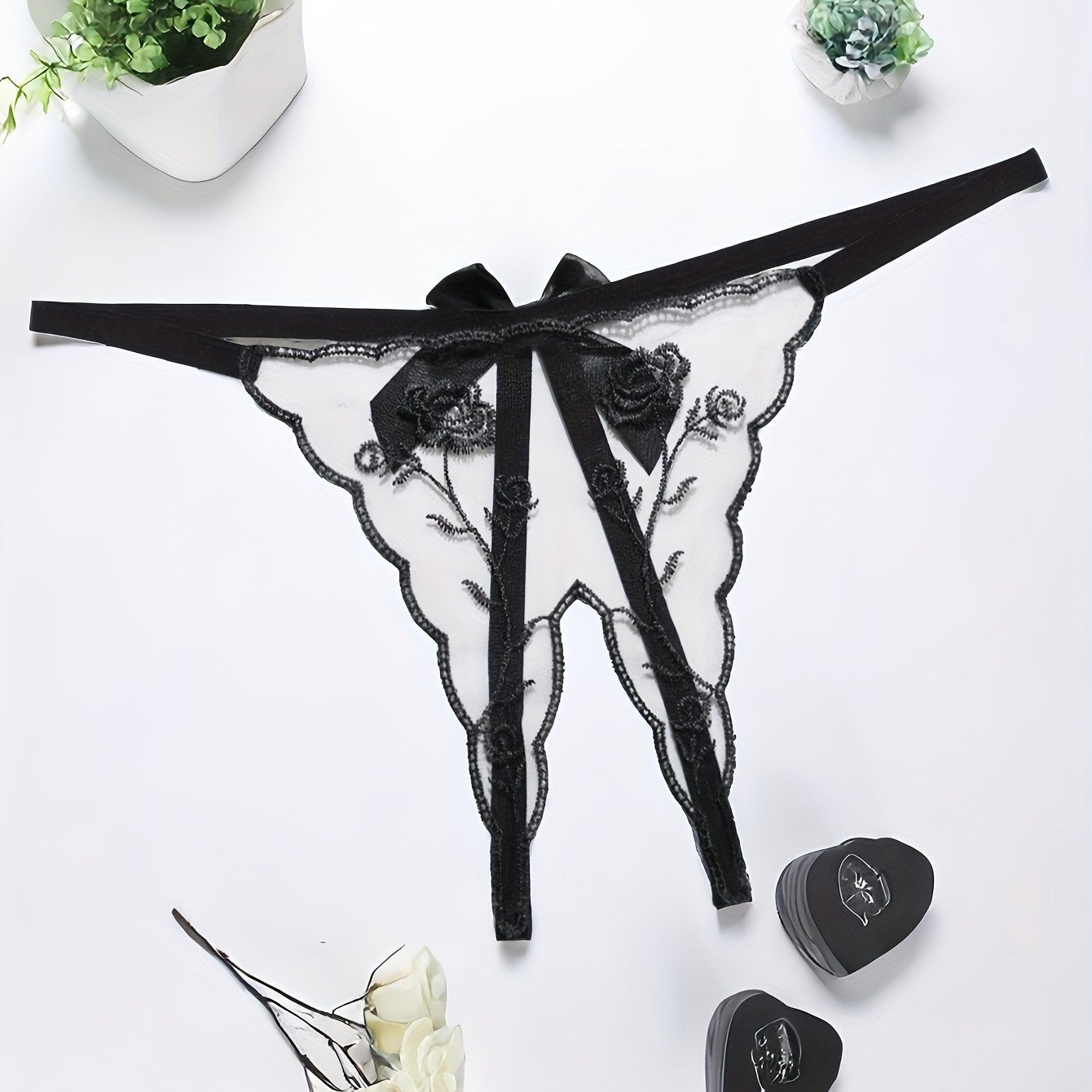 Women's Transparent Thong with Embroidered Red Rose Flowers and Low Waist Trousers