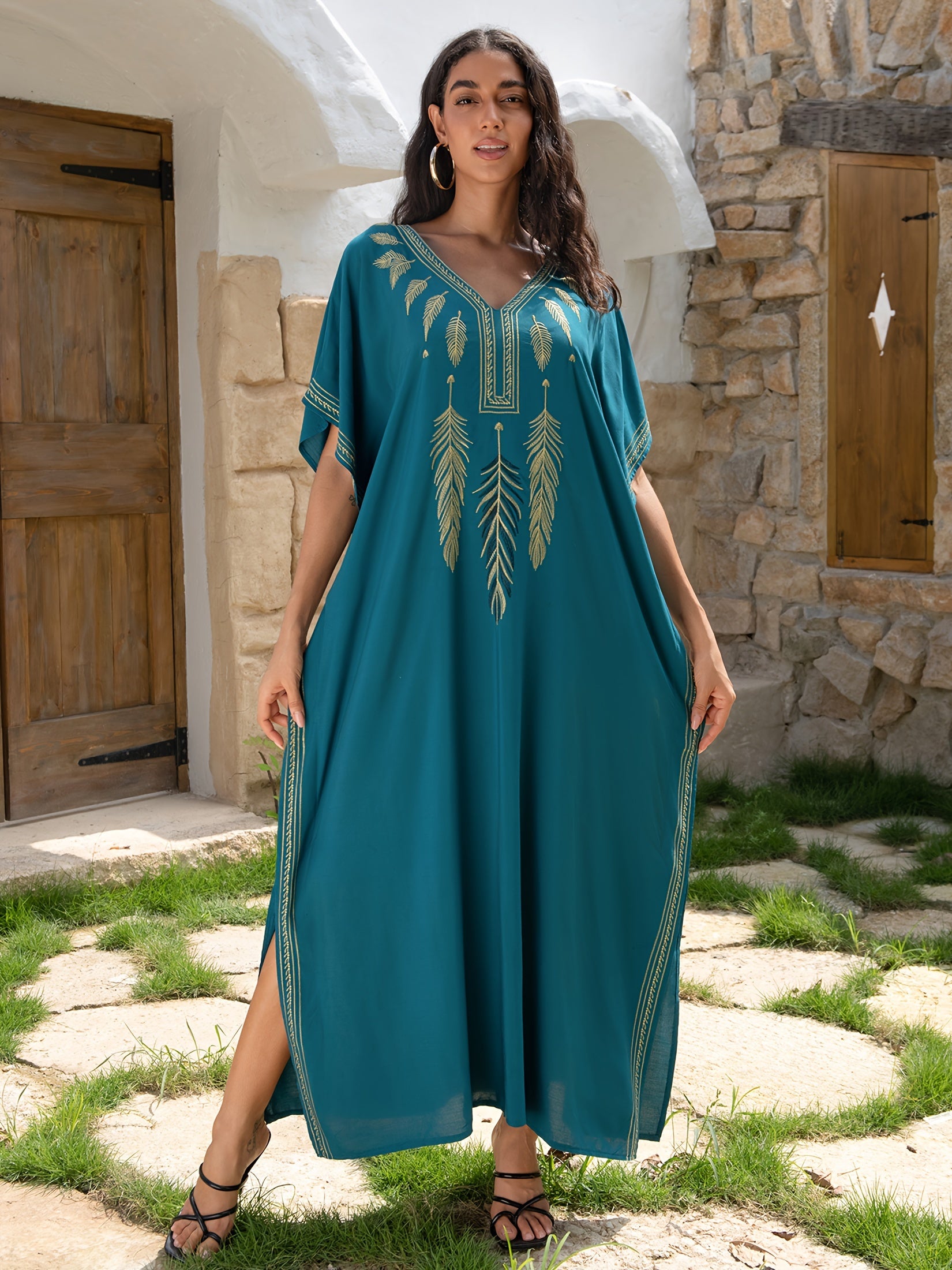 Women's Ethnic V-Neck Dress With Bat Sleeves and Side Slits for Beach Vacations