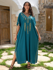 Women's Ethnic V-Neck Dress With Bat Sleeves and Side Slits for Beach Vacations