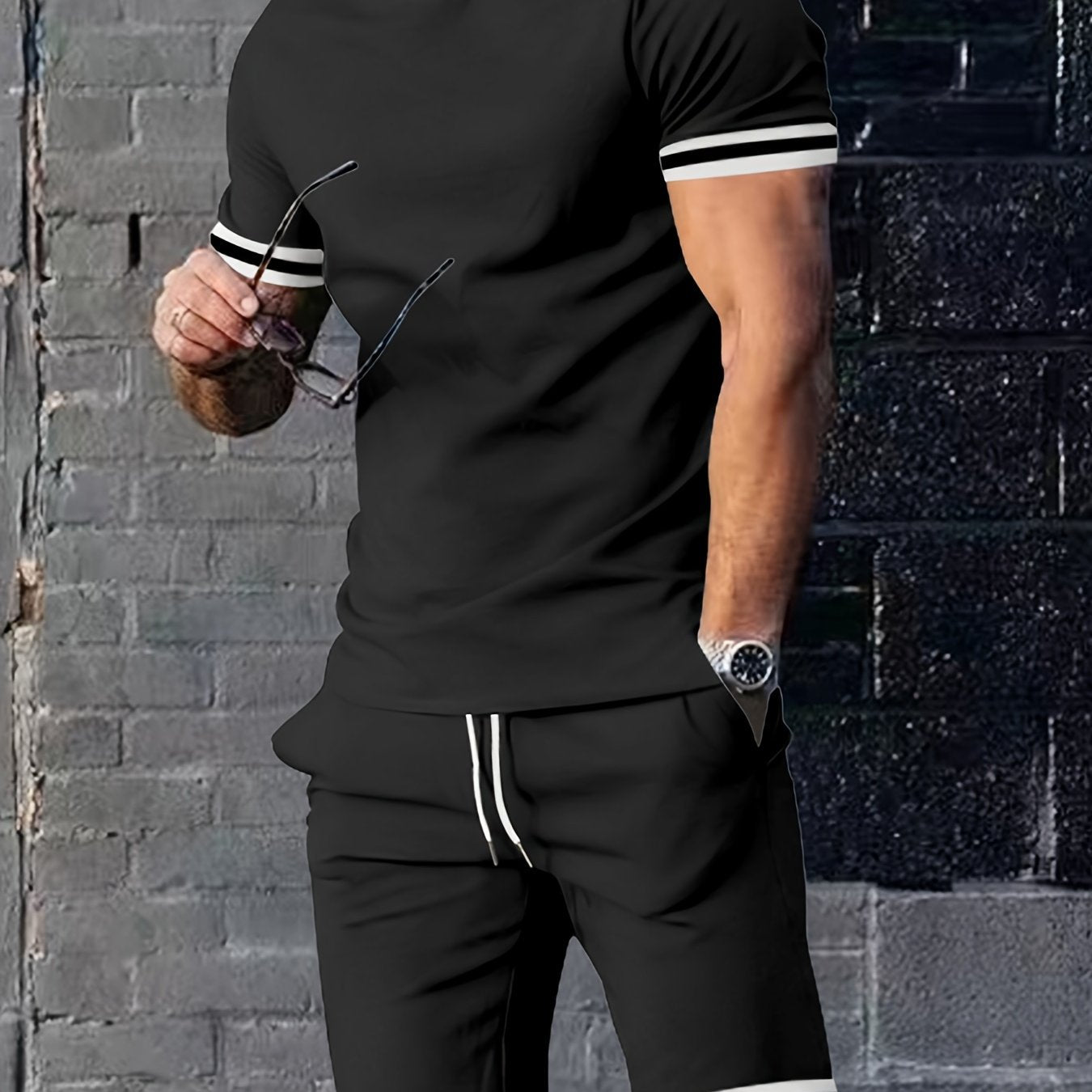 Men's Summer Sports Suit Short Sleeve Polyester Solid Color Casual Athletic Set
