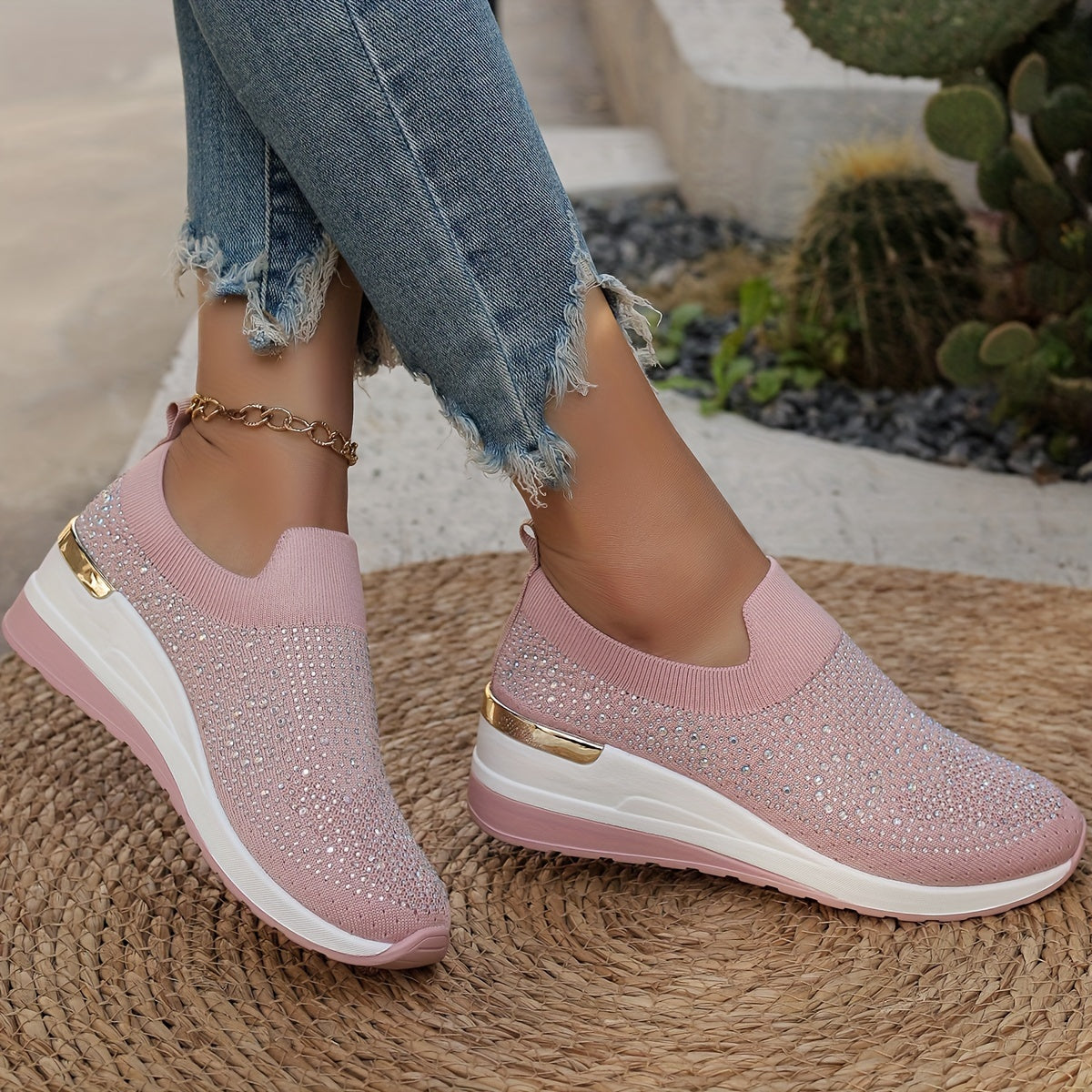 Women's Rhinestone Decor Platform Sneakers Casual Slip-On Outdoor Shoes