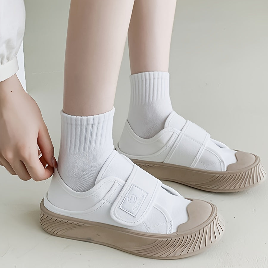 Women’s Solid Ribbed Crew Socks 6 Pairs Short Knit Polyester Hosiery