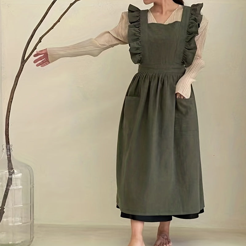 Women's Woven Fabric Apron with Pockets Solid Color 180gsm