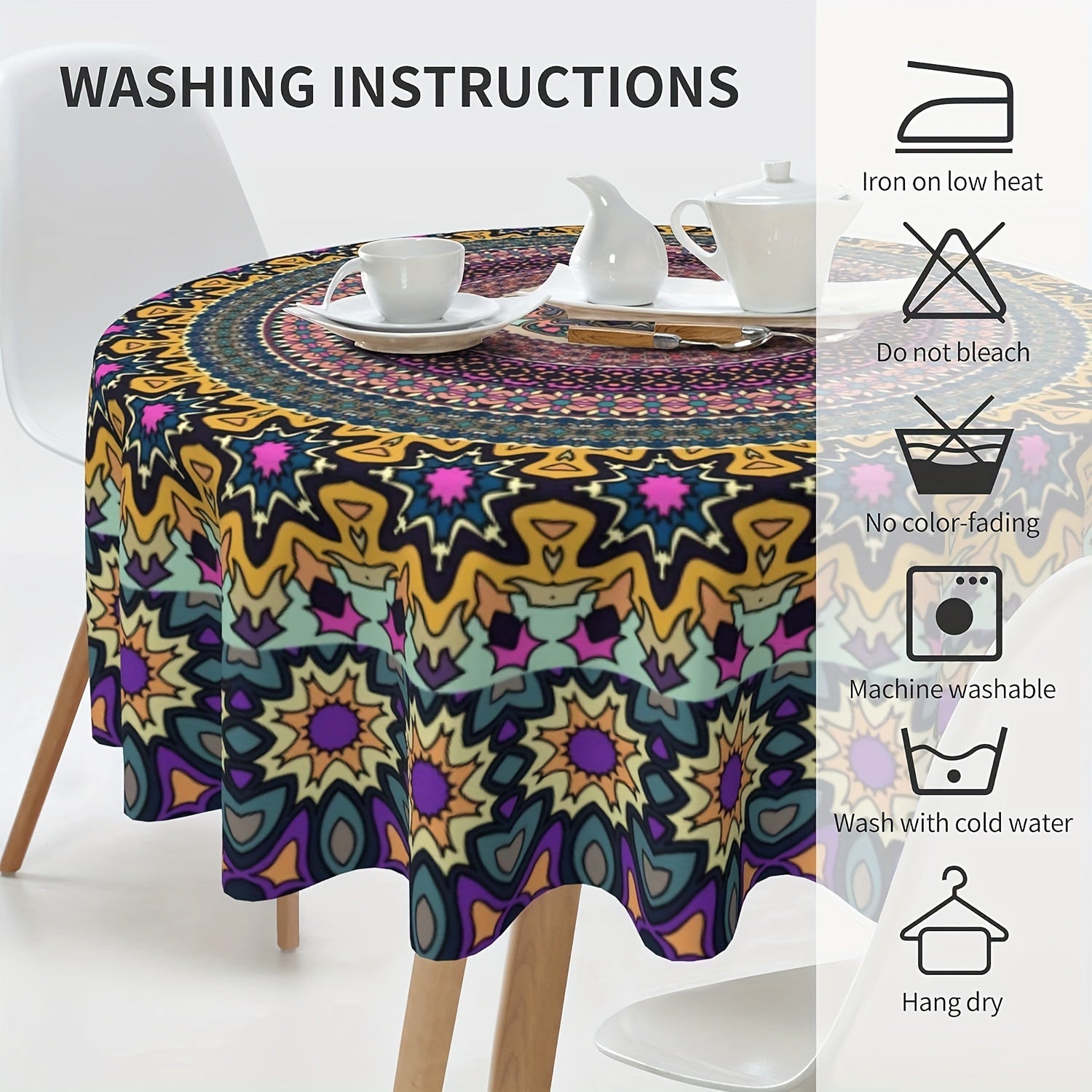 Mantel redondo impermeable de poliéster bohemio con mandala para cocina, comedor y uso exterior