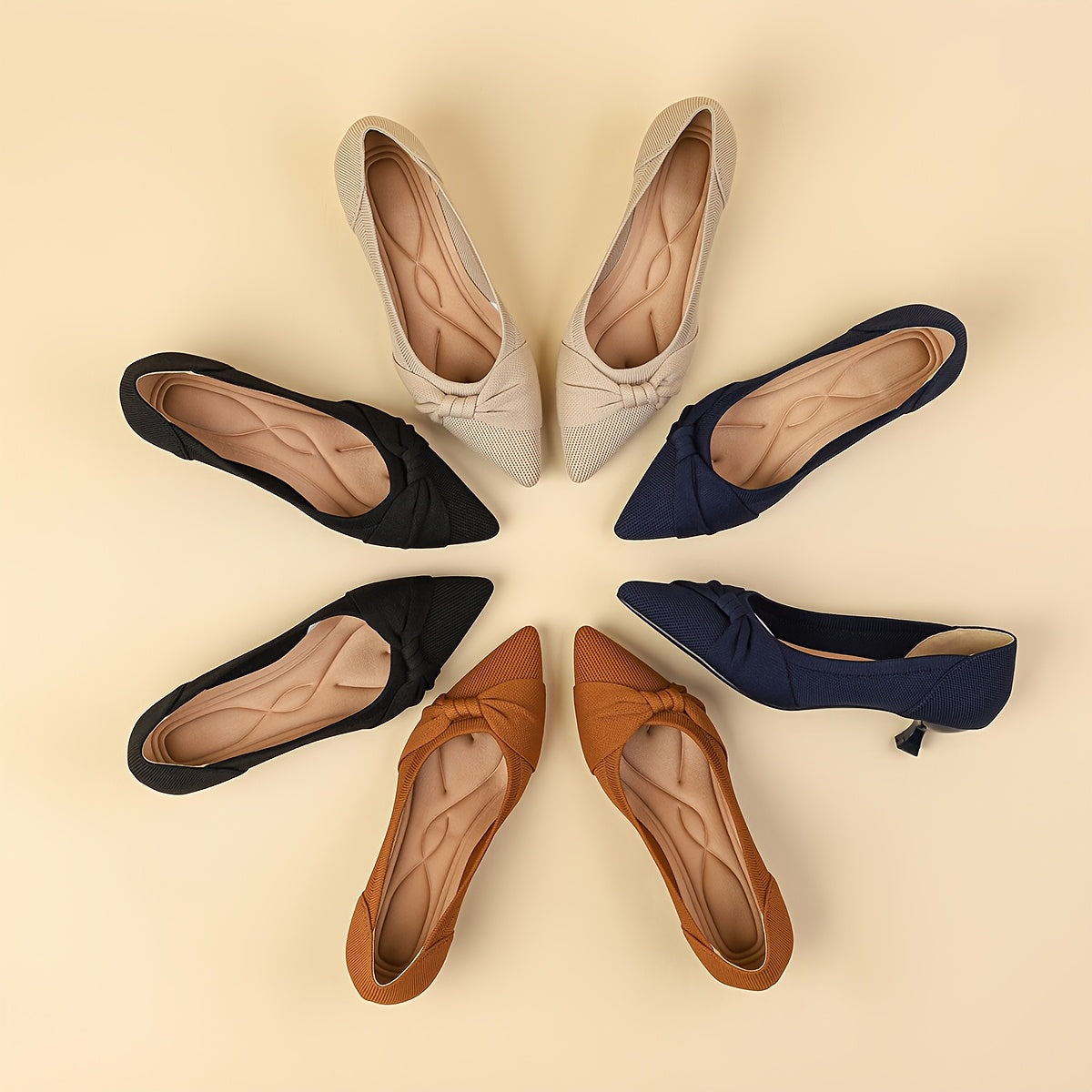 Women's Black Knit Slip-On Pumps with Pointed Toe and Bow Detail