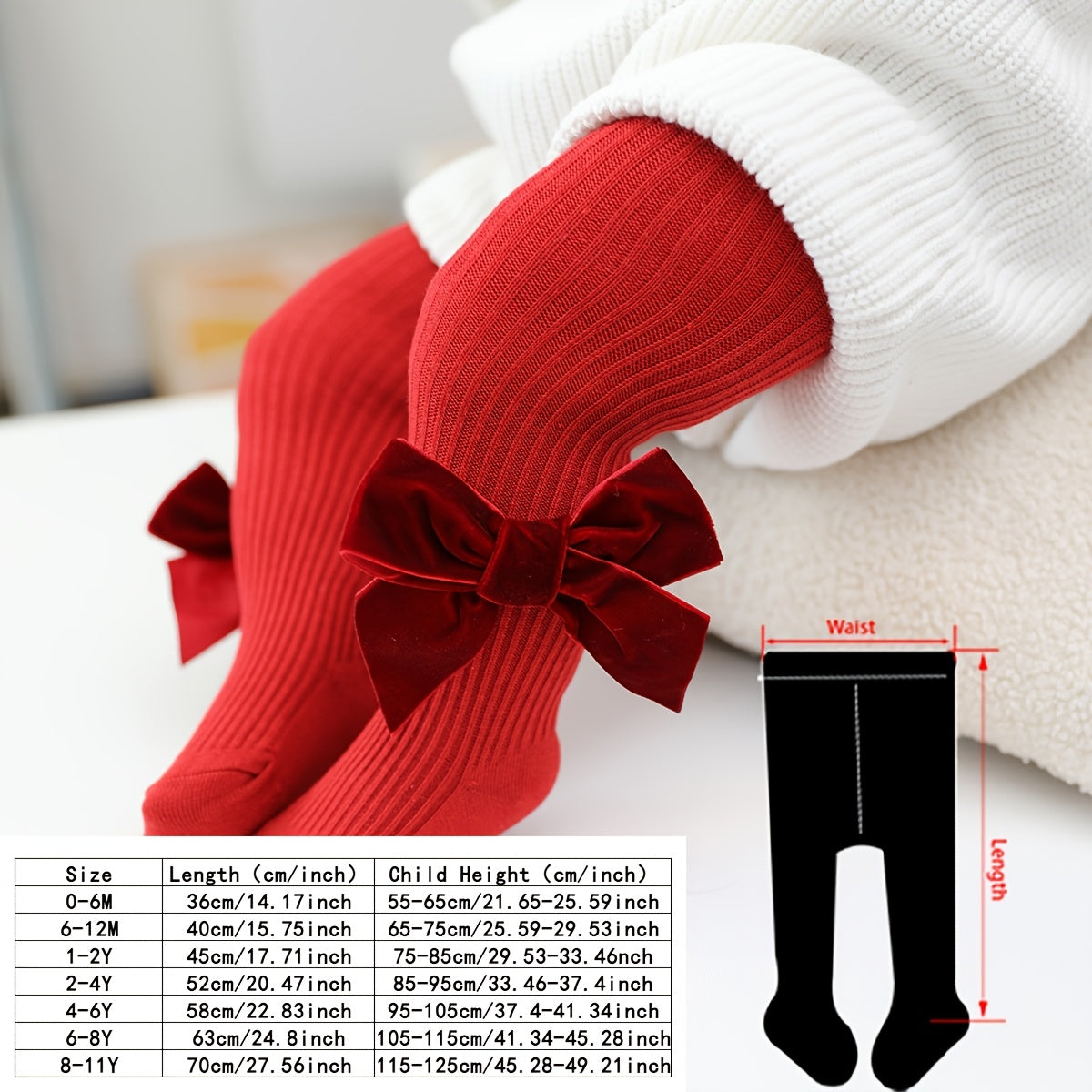 Leggings de terciopelo con lazo para niñas, tela de punto para todas las estaciones en rojo, negro y blanco