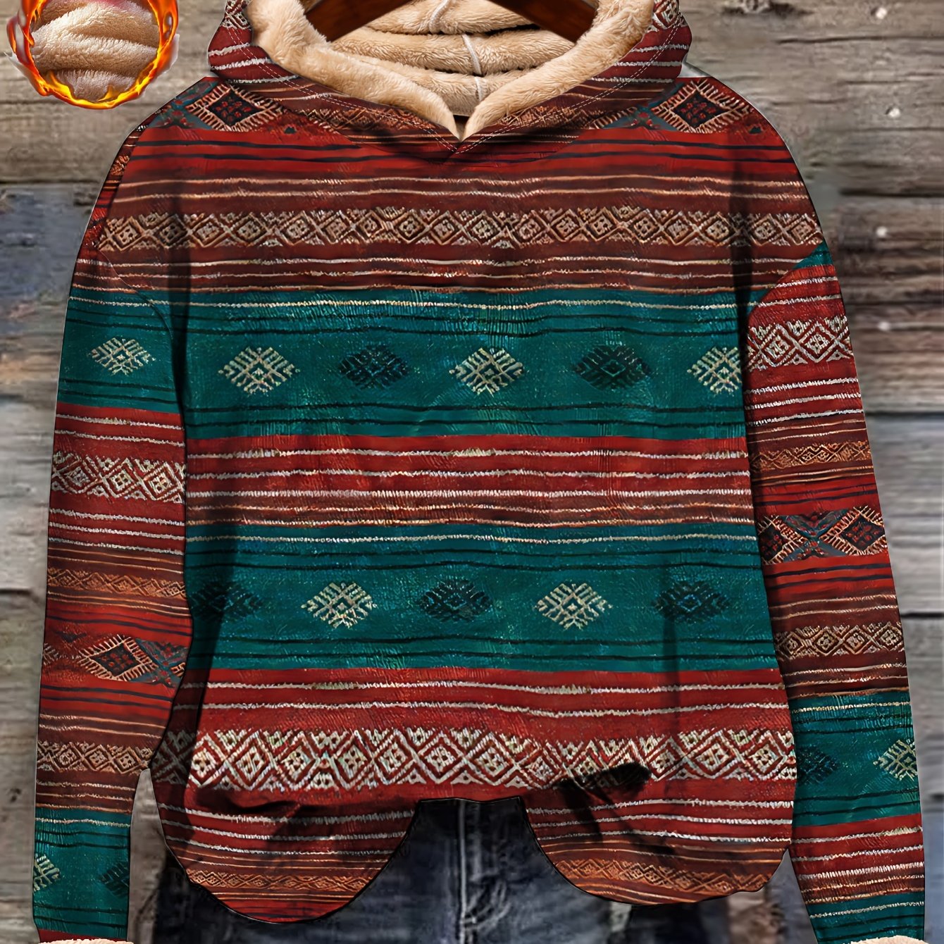 Plus Size Winter Hoodie Fleece-Lined Ethnic Print Long Sleeve Sweatshirt for Women