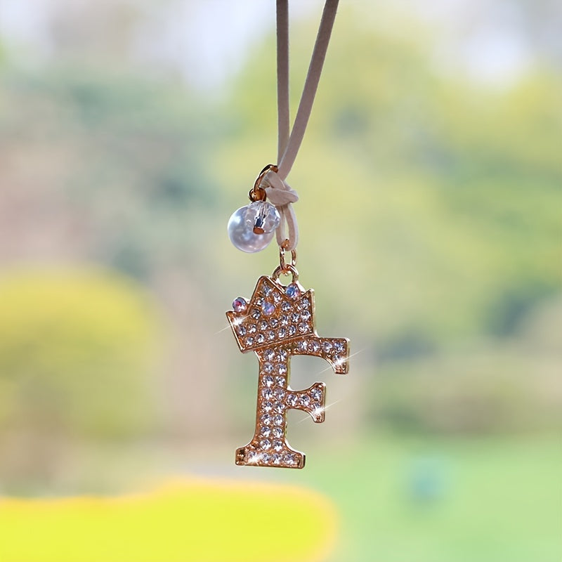 Alphabet Car Mirror Charm Set with Sparkling Crown Pendants for Vehicle Decoration