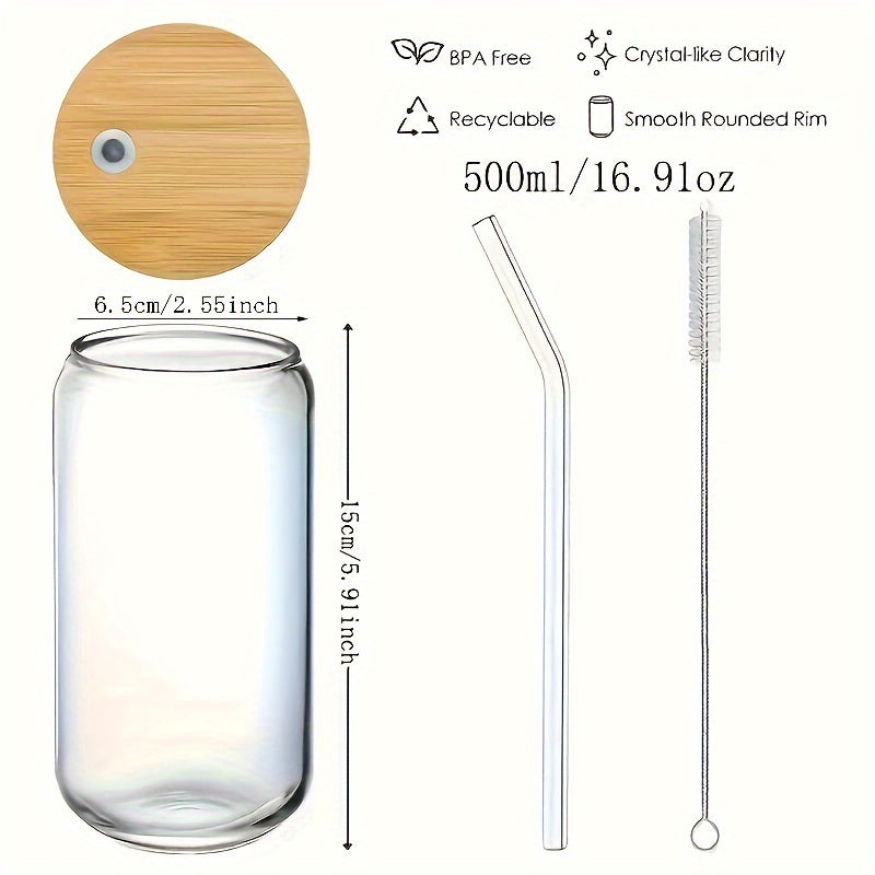 Set of Drinking Glasses with Bamboo Lids and Glass Straws 16oz Can Shaped Cups for Beer Iced Coffee Cocktails