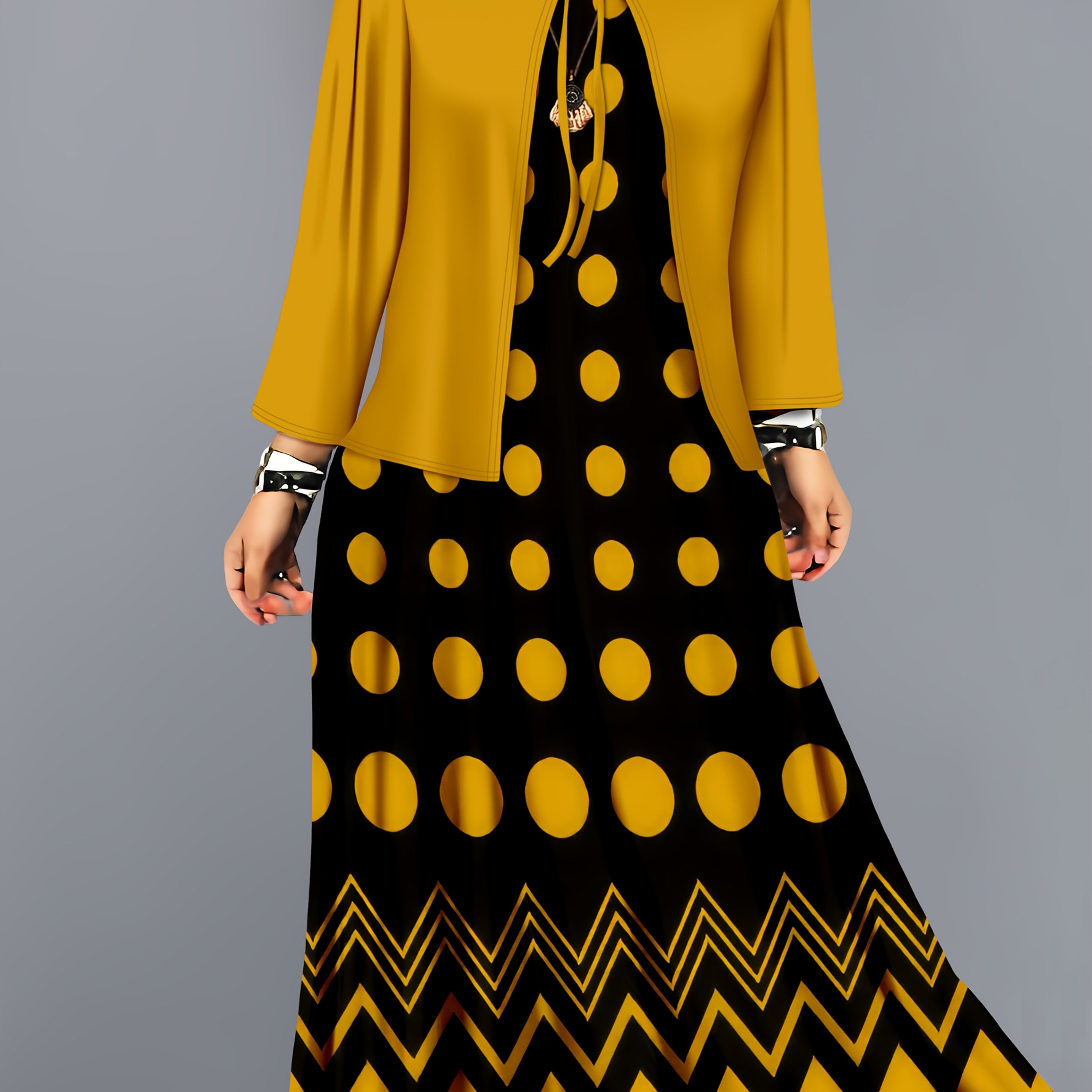 Plus-Size Women's Dress Set Solid Color Coat and Polka Dot Midi Dress Stretchy Machine Washable