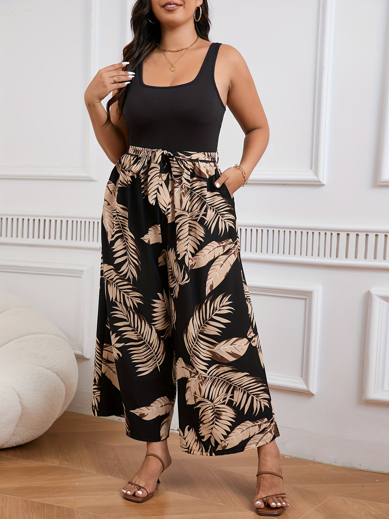 Plus Size Plant Print Wide Leg Jumpsuit Casual Sleeveless Belted Women
