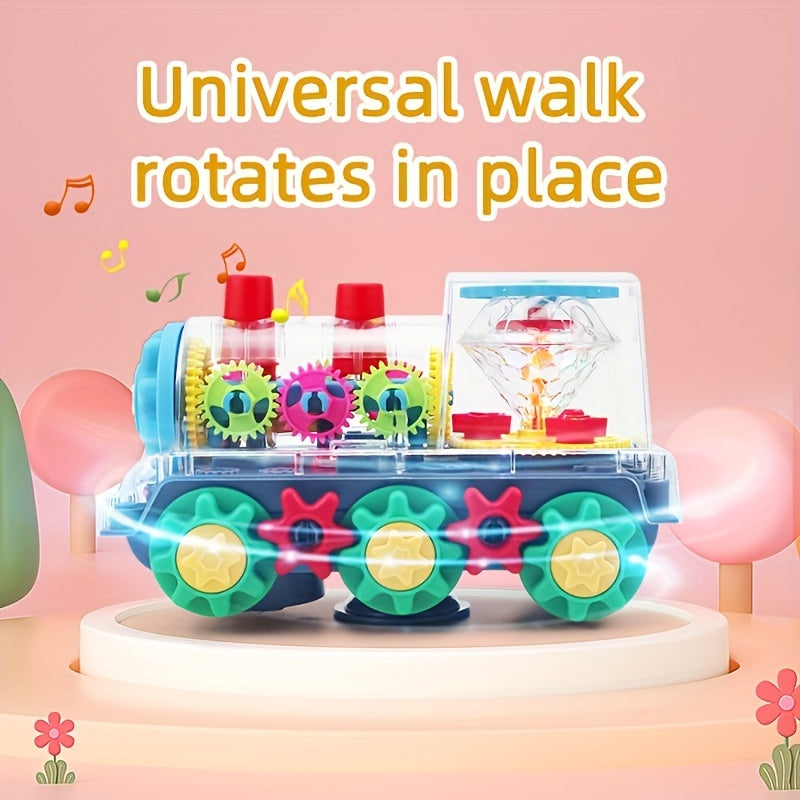 Interactive Red Plastic Toy Train with Lights Music Gear Linkage Rotating Station