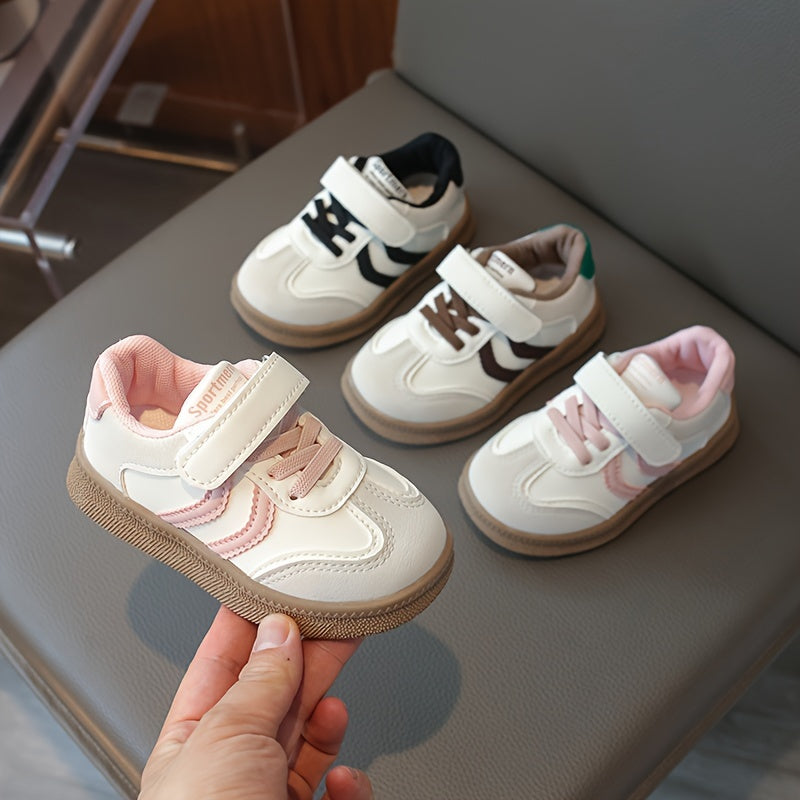 Kids Breathable Sneakers with Hook-and-Loop Closure, Soft Beige and White Soles for Casual Outdoor Wear