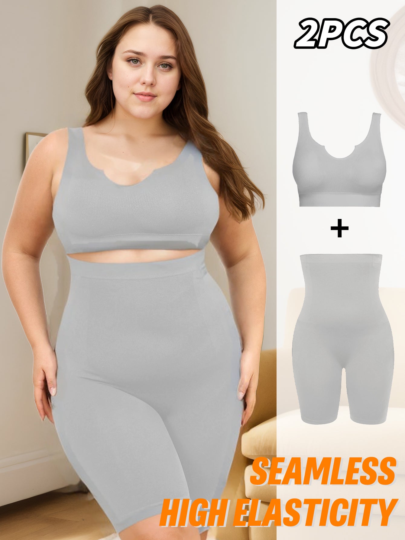 Plus Size Women's Seamless Yoga Set Wireless Breathable Sports Bra High-Waist Shaping Pants Solid Color