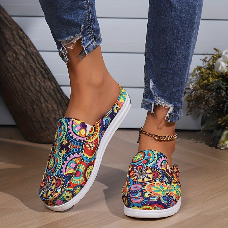 Women's Floral Print Flat Mules, Slip-On Loafers, Lightweight, Casual Shoes