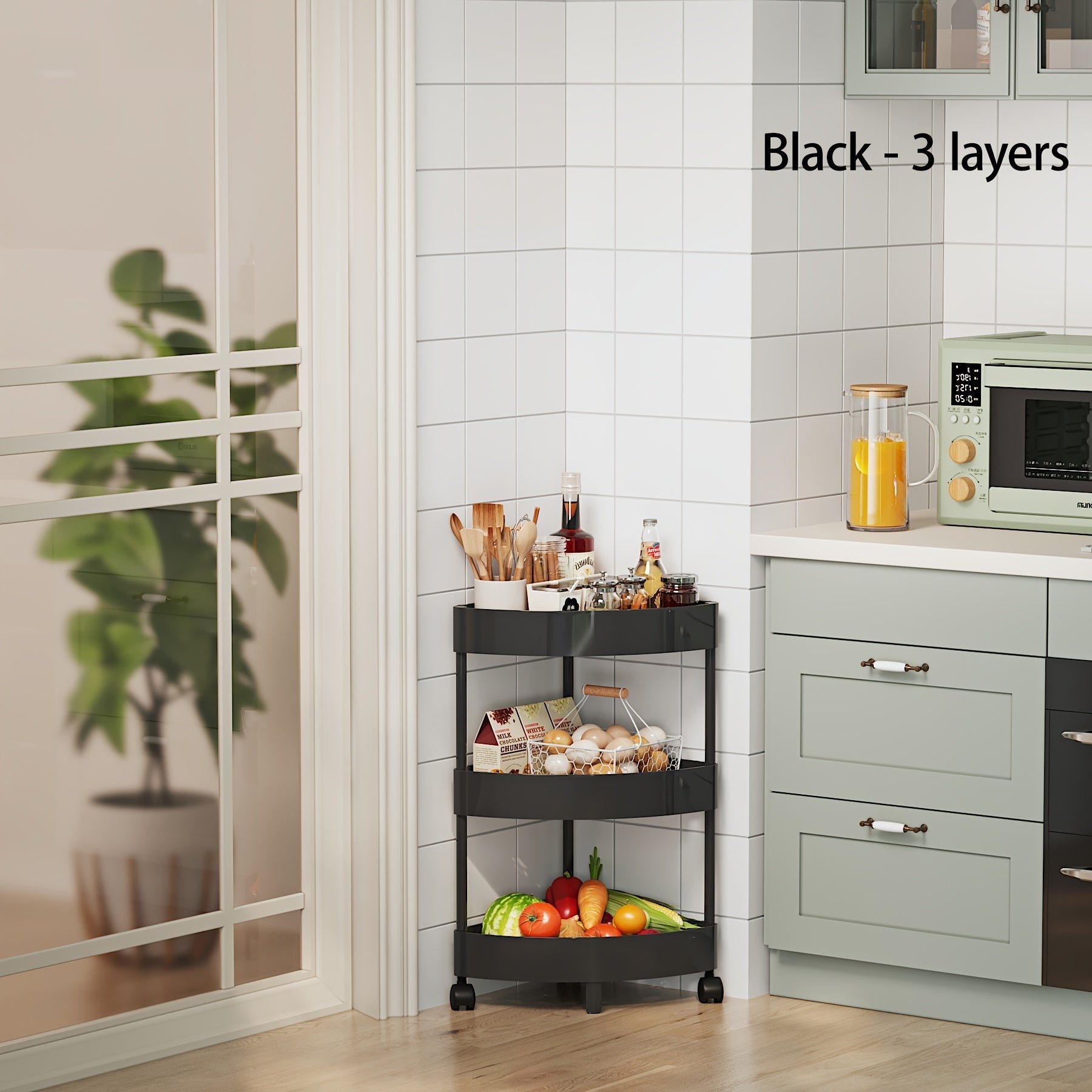Multi-Tier Storage Rack on Wheels for Fruits Snacks and Beverages Black