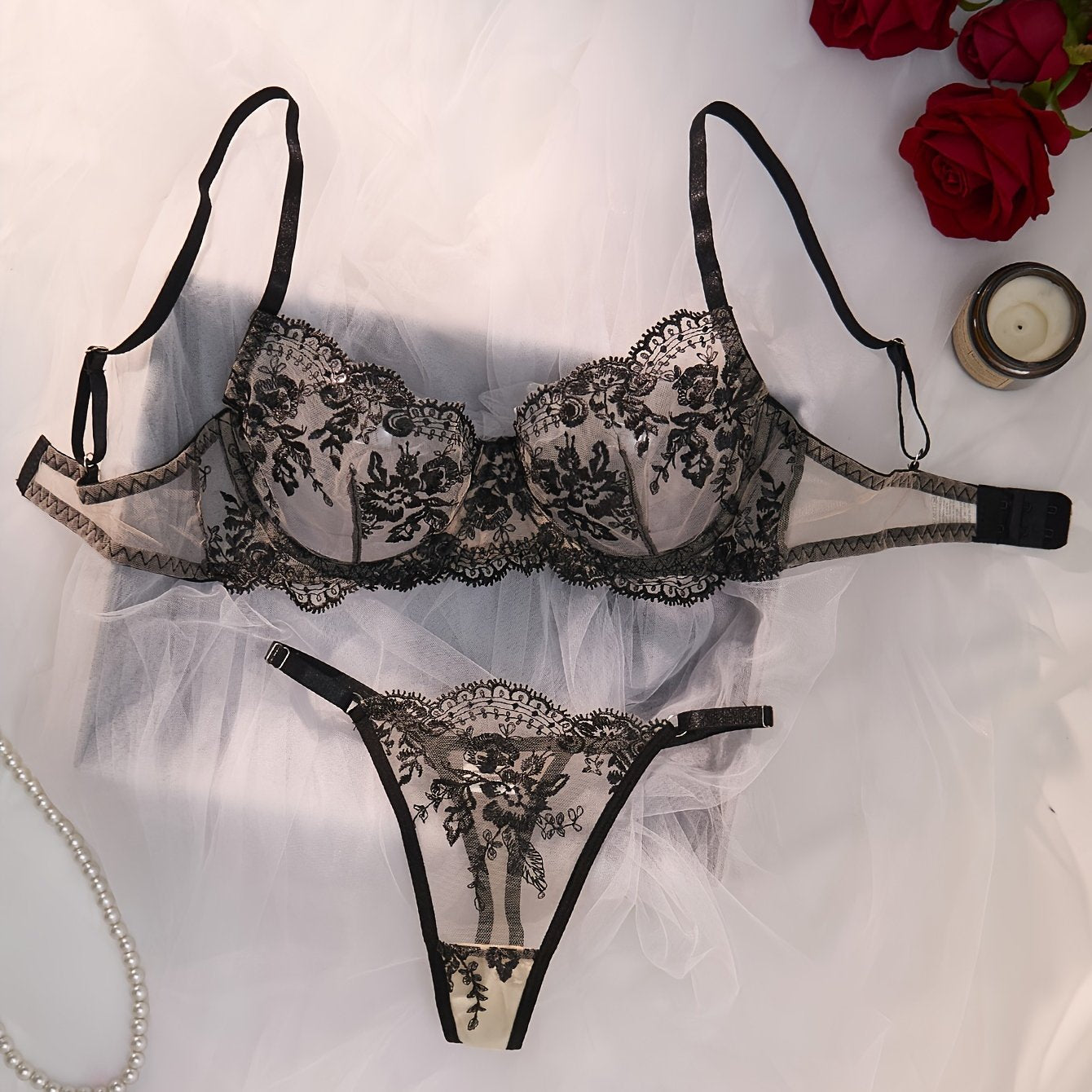 Women's Embroidered Flower Lingerie Set Fishnet Bra and Thong Midnight Passion