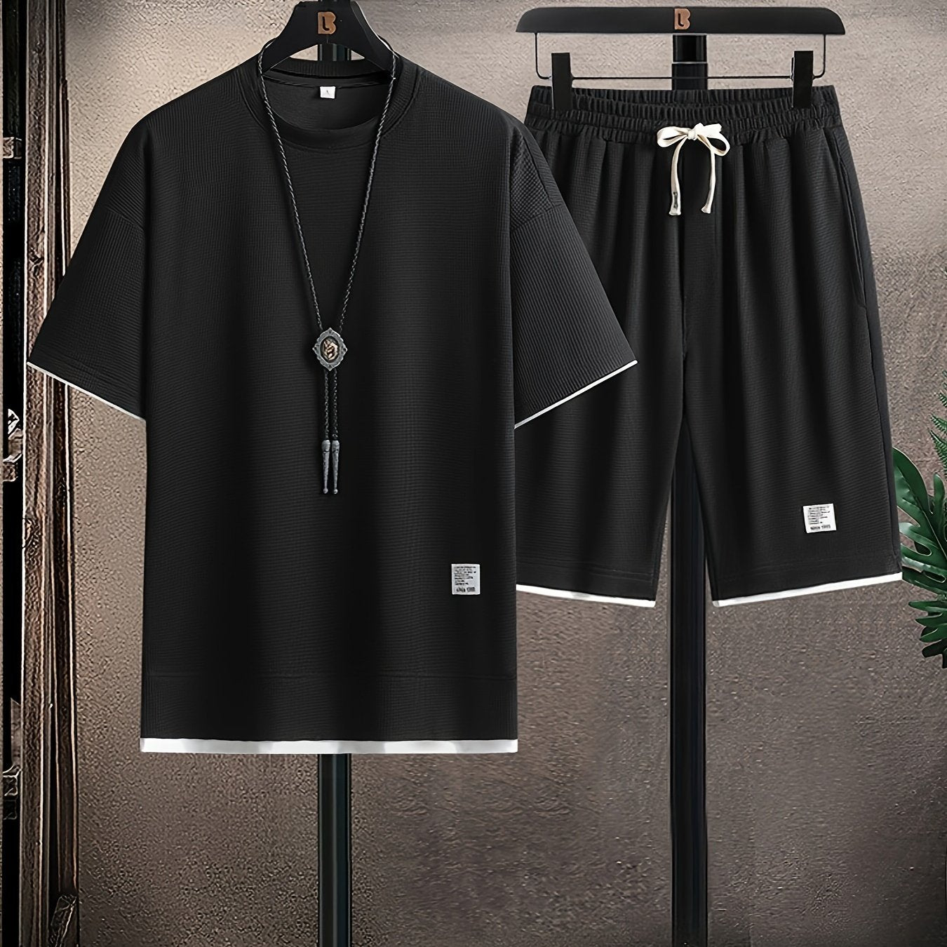 Camiseta de cuello redondo con patrón de cuadrícula de waffle para hombre, conjunto deportivo casual de dos piezas, transpirable, poliéster