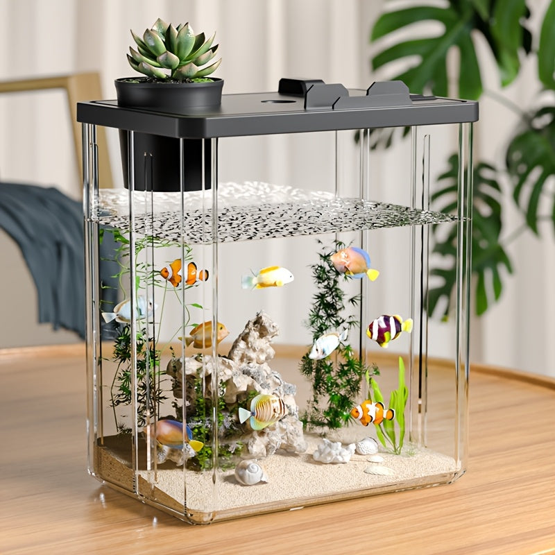 Square Acrylic Fish Bowl with Plant Holder for Desktop Aquascaping and Pet Fish Keeping