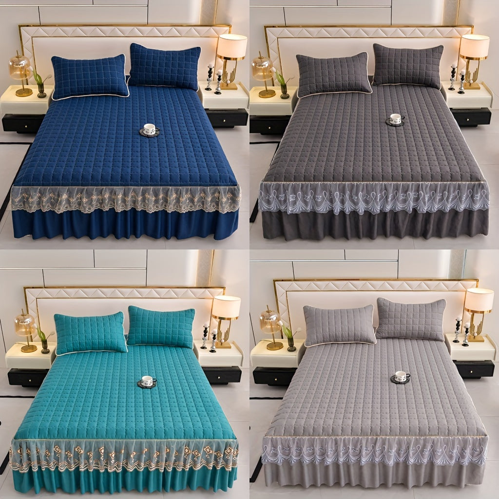 Luxury Bedding Set with Quilted Edge Bed Skirt Pillowcases Mattress Protector and Duvet Cover