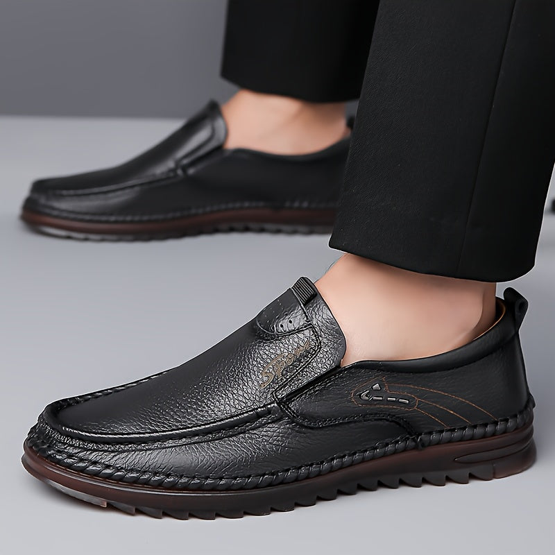 Men's Cow Leather Slip-On Loafers with Non-Slip Rubber Sole for Casual and Business