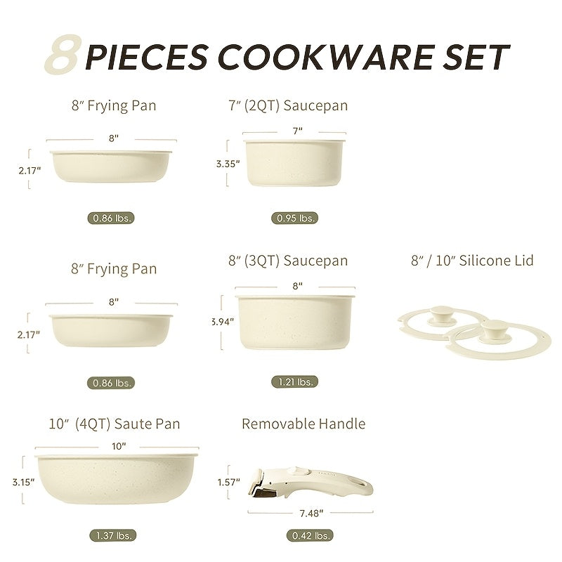 8-Piece Non-Stick Aluminum Cookware Set White Induction Safe Space-Saving
