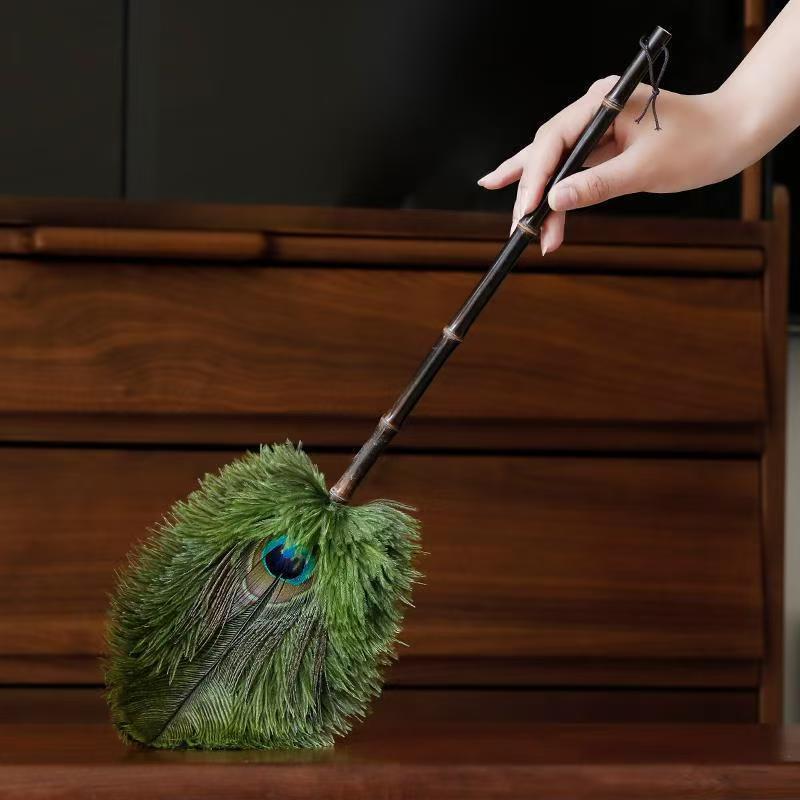 Vintage Feather Duster with Ostrich and Peacock Feathers Anti-Static Cleaning Tool