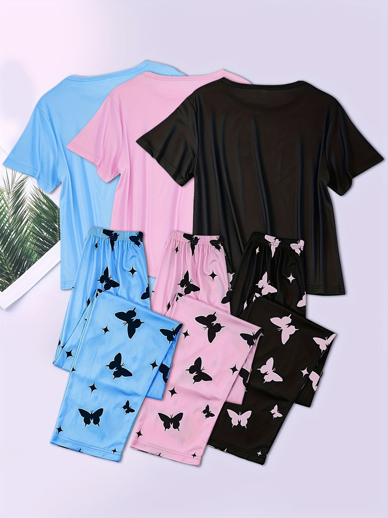 Adult Butterfly Pajama Set Short Sleeve Shorts Casual Knit Polyester Spring Fall