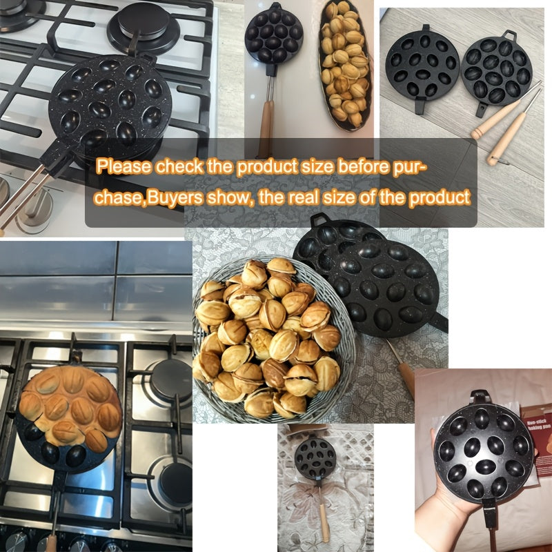 12-Cavity Non-Stick Baking Mold Pan with Wooden Handle for Waffles Cakes and Pancakes