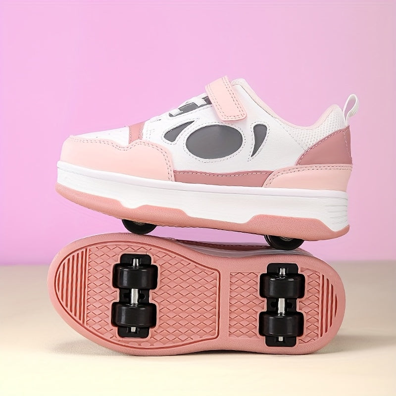 Girls' Pink and White Roller Skate Shoes with Breathable Lining Non-Slip Sole and Hook-and-Loop Fastener