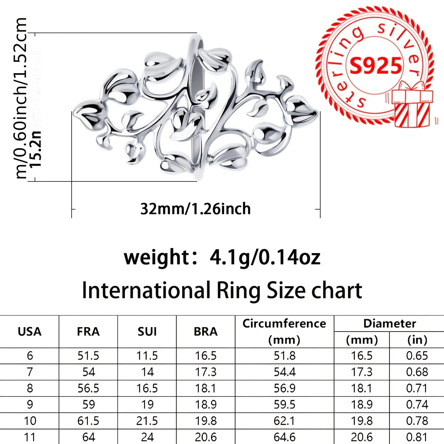 Sterling Silver Leaf Wrap Ring for Women Allergy-Free Elegant Jewelry