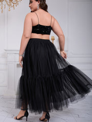 Women's Black Mesh Maxi Skirt Tiered High-Waisted Casual Elegant