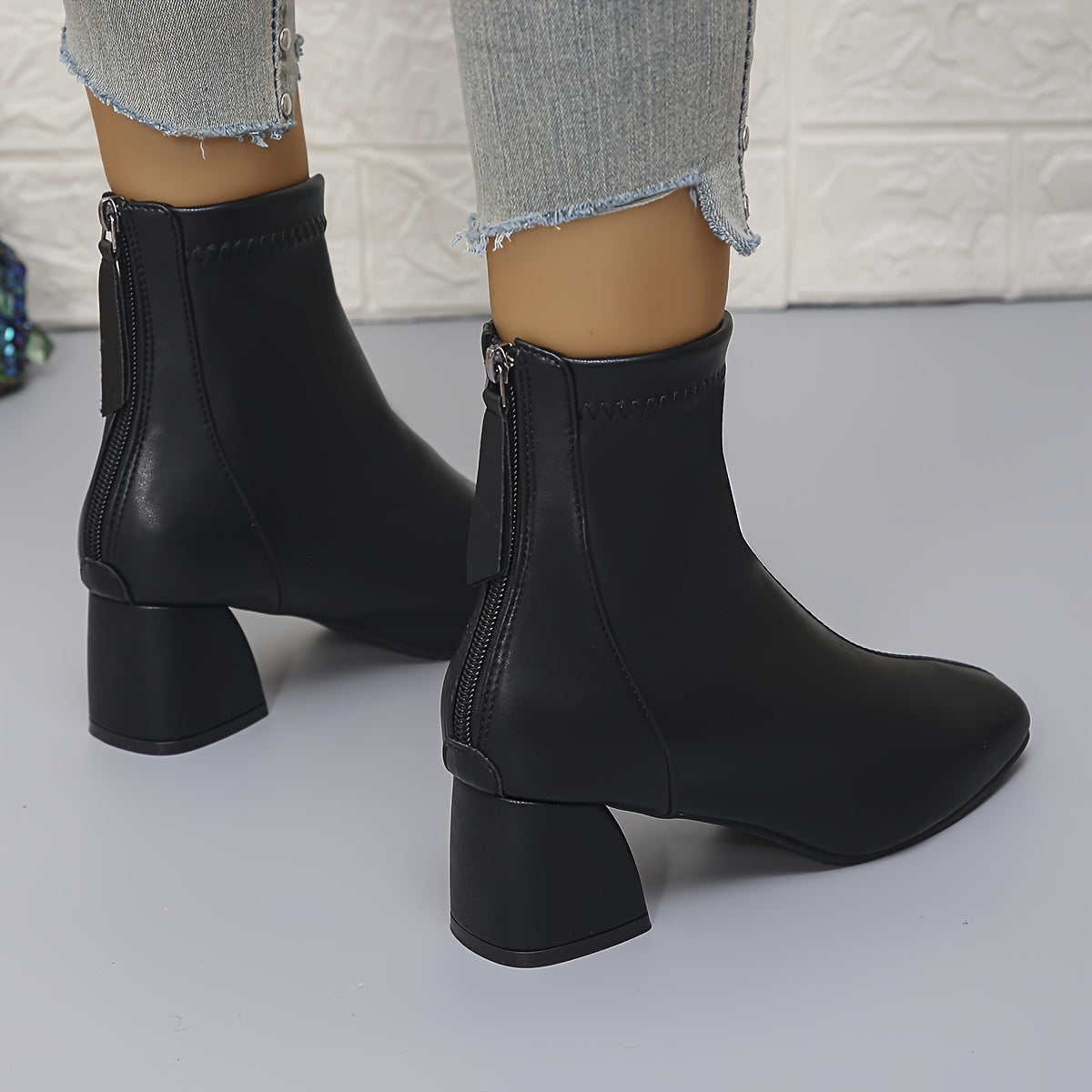 Women's Chunky Heel Ankle Boots Solid Color Back Zipper Rubber PU