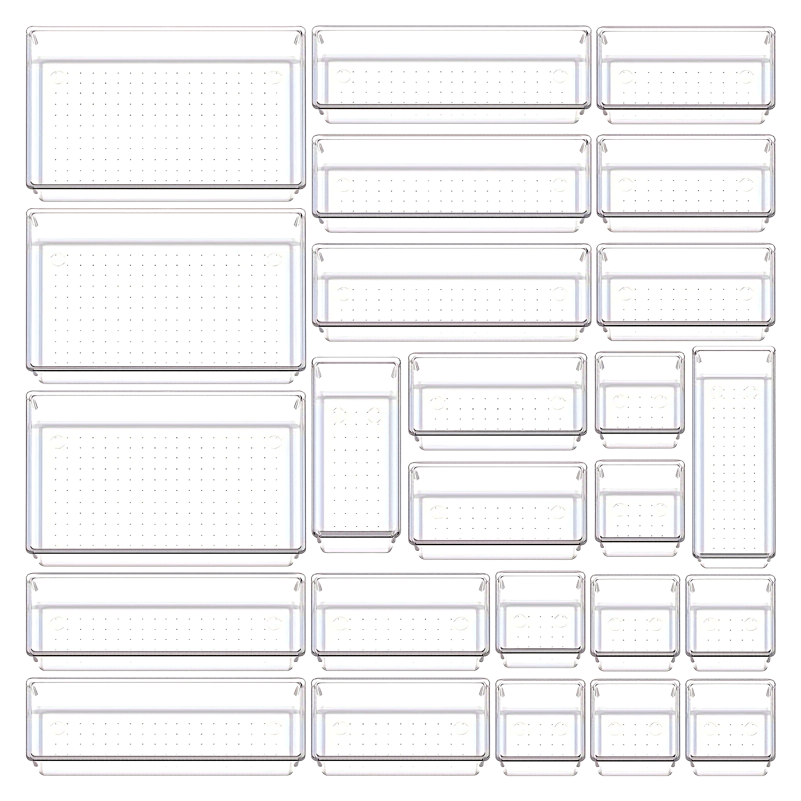 25 Pack Clear Plastic Drawer Organizer Sets for Kitchen Bathroom Office
