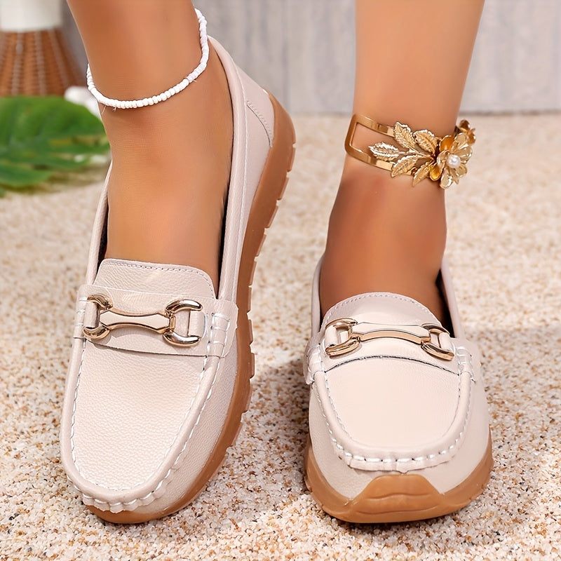 Women's Slip-On Loafers PU Cover Upper TPR Sole Metallic Buckle All-Season Flats