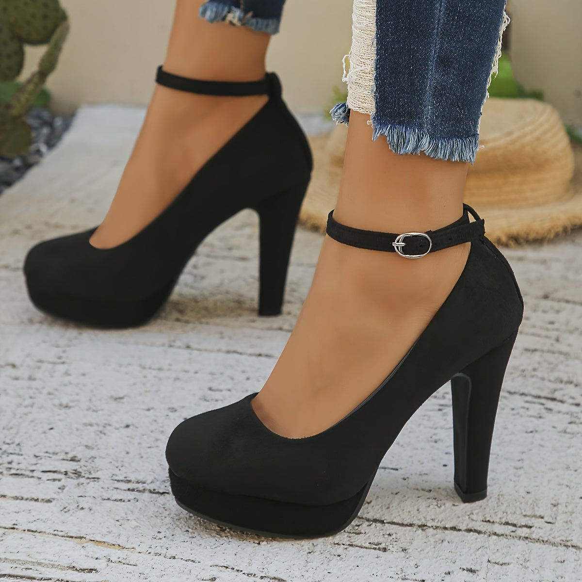 Women's Black Velvet High Heel Pumps with Ankle Strap for Work and Events