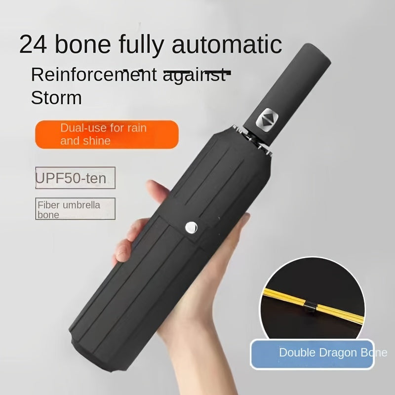 24-Rib Folding Umbrella UV Protection Windproof Waterproof Black Vinyl All Weather