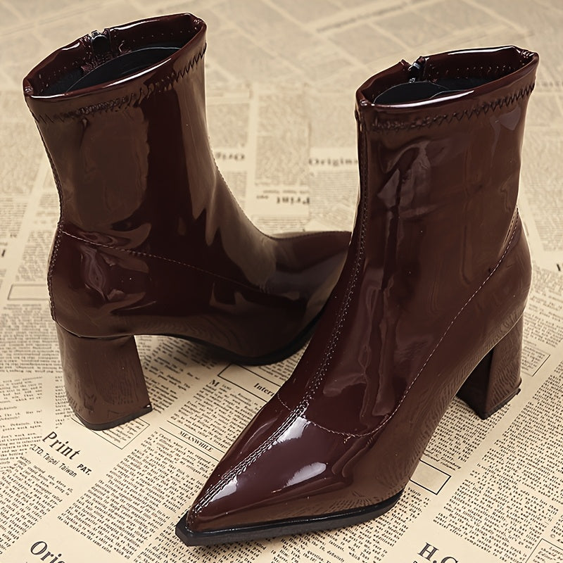 Women's Faux Leather Mid-Calf Chunky Heel Boots with Zipper and Non-Slip Soles