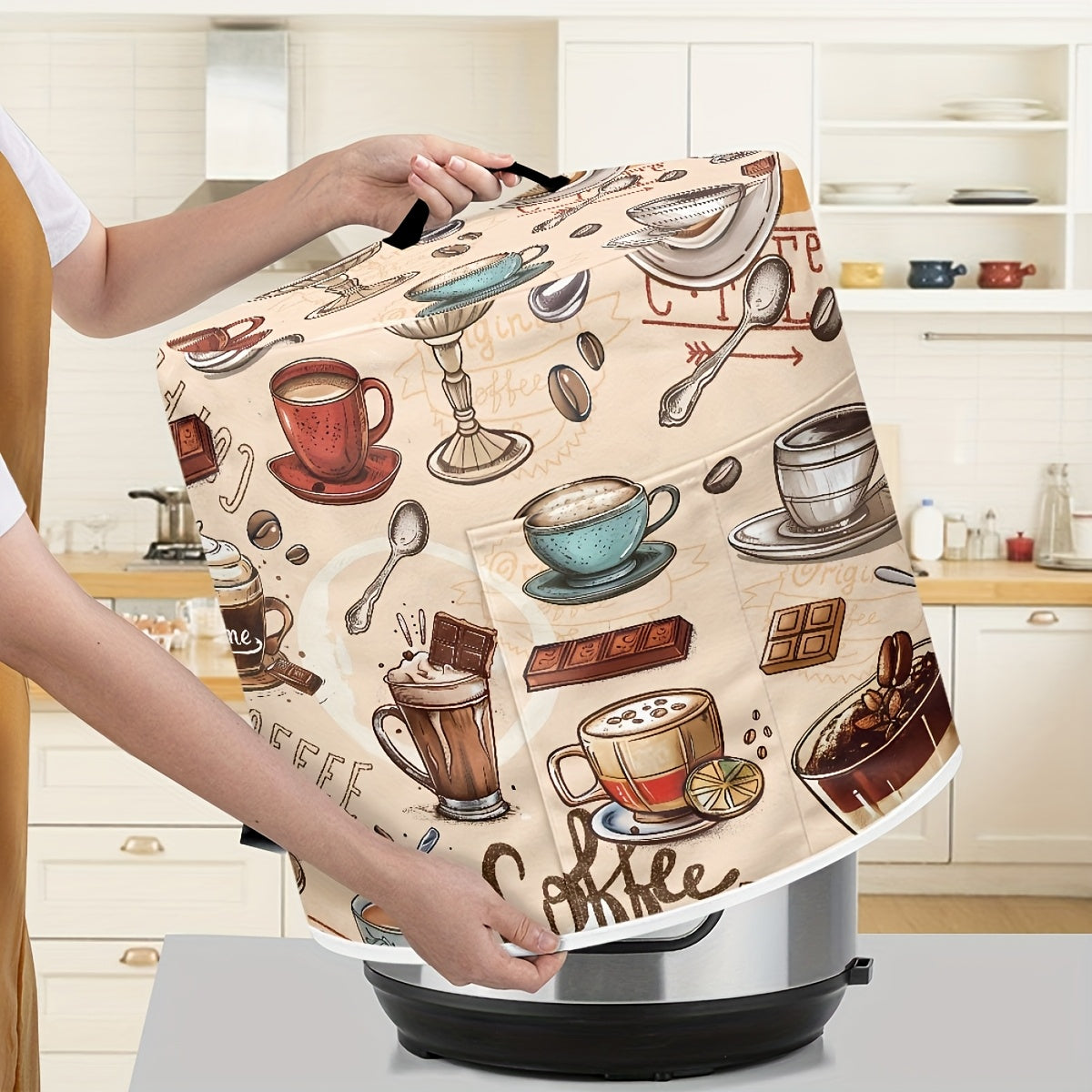 Funda de polvo para olla arrocera con temática de café con asas, bolsillo para pañuelos, poliéster, decoración de cocina