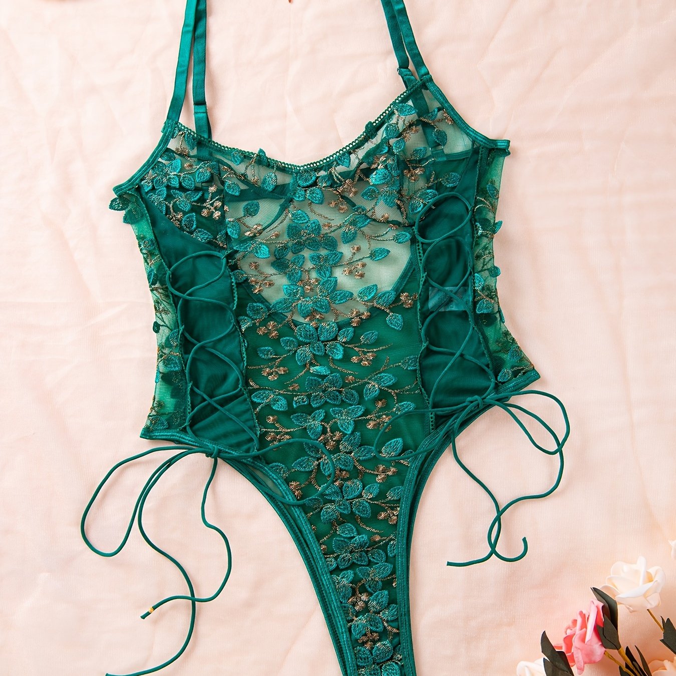 Women's Floral Lace Teddy and Mesh Backless Thong Lingerie