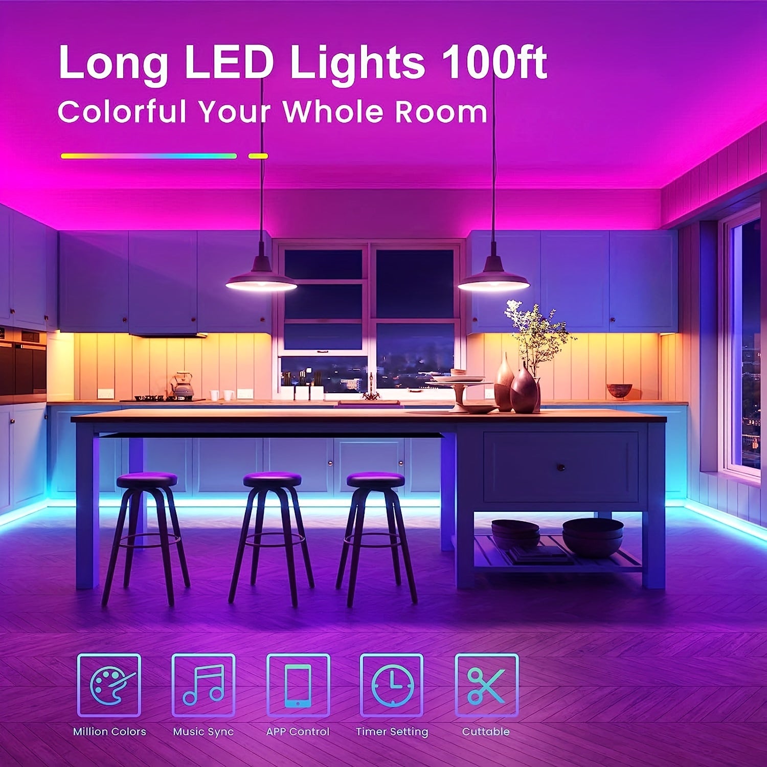 Wireless LED Light Strip with Microphone Music Sync Remote Control for Room and Party