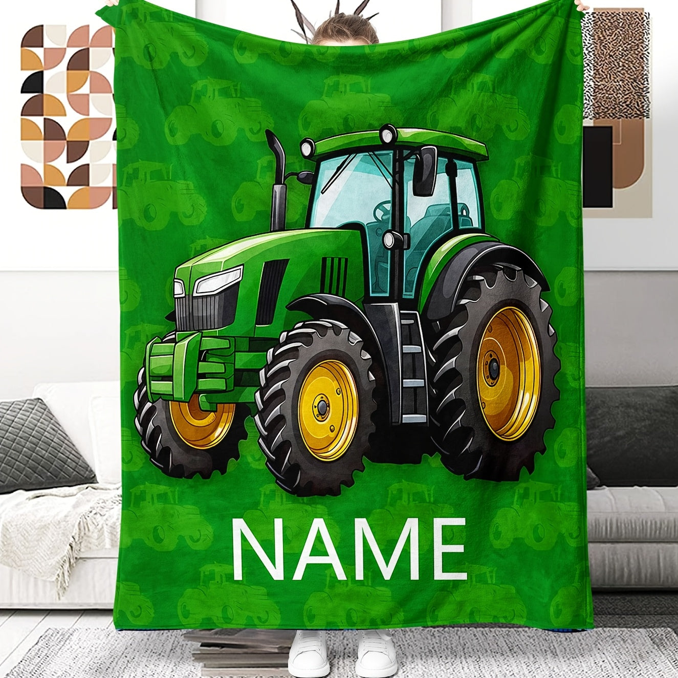 Personalized Tractor Blanket Cozy Flannel Throw for Couch Bed Living Room Allergen-Free Double-Sided Digital Print