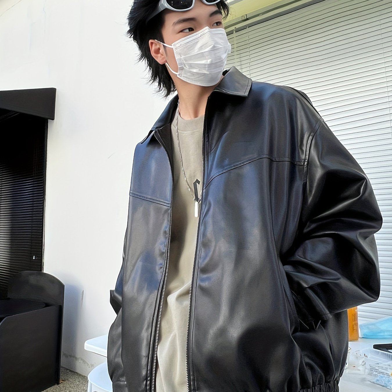 Black Glossy Finish Loose Fit Jacket with Zipper, Long Sleeves, Casual Style