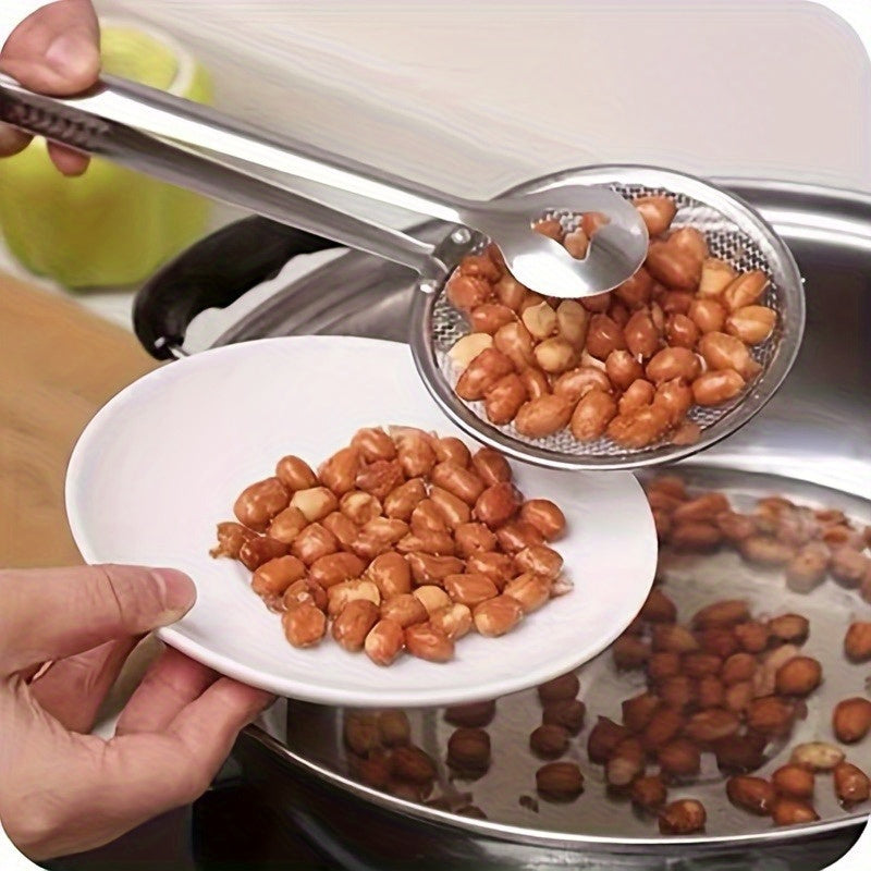 Juego de pinzas para freír y colador de acero inoxidable, resistentes al calor, plegables, reducción de goteo de aceite