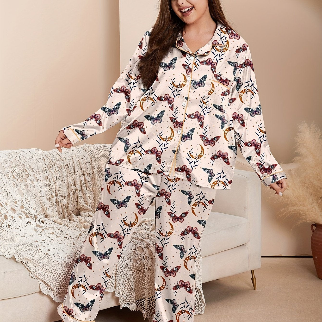 Plus Size Women's Casual Pajama Set Long Sleeve Heart Letter Print Lounge Wear