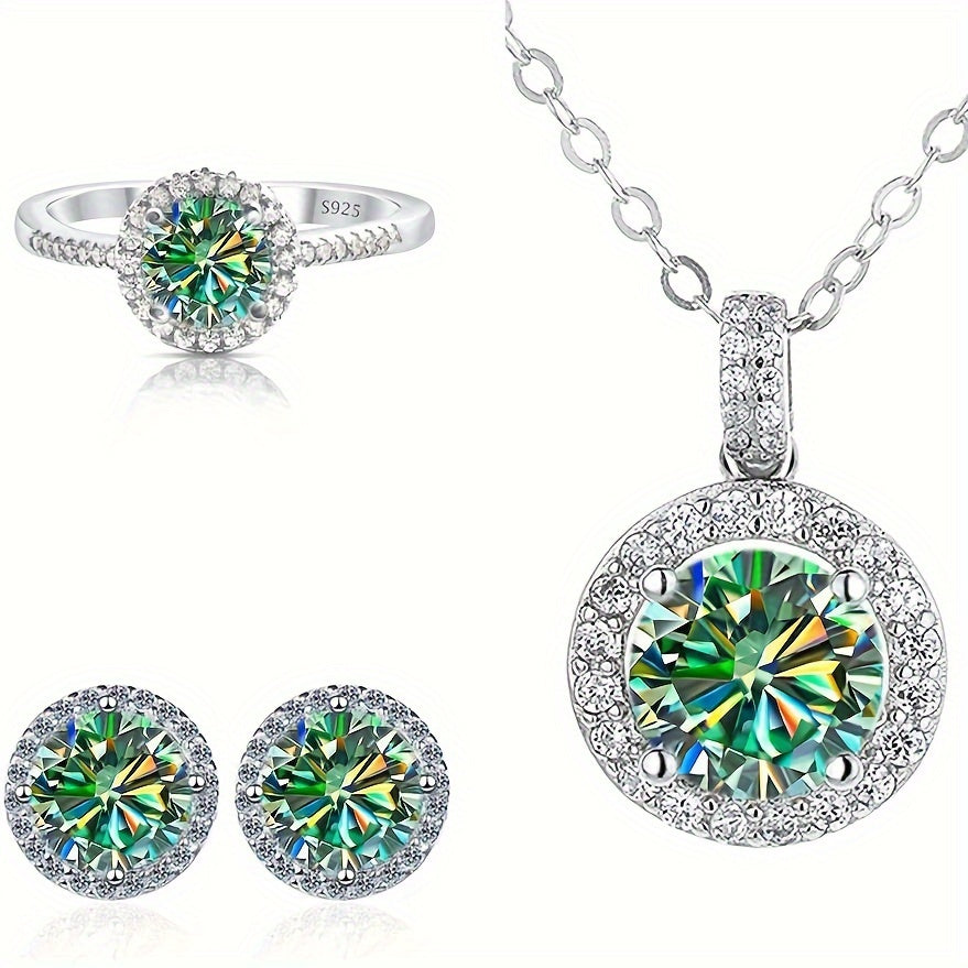 Multi-Piece Jewelry Set with 1 Carat Moissanite Pendant Earrings and Silver Ring