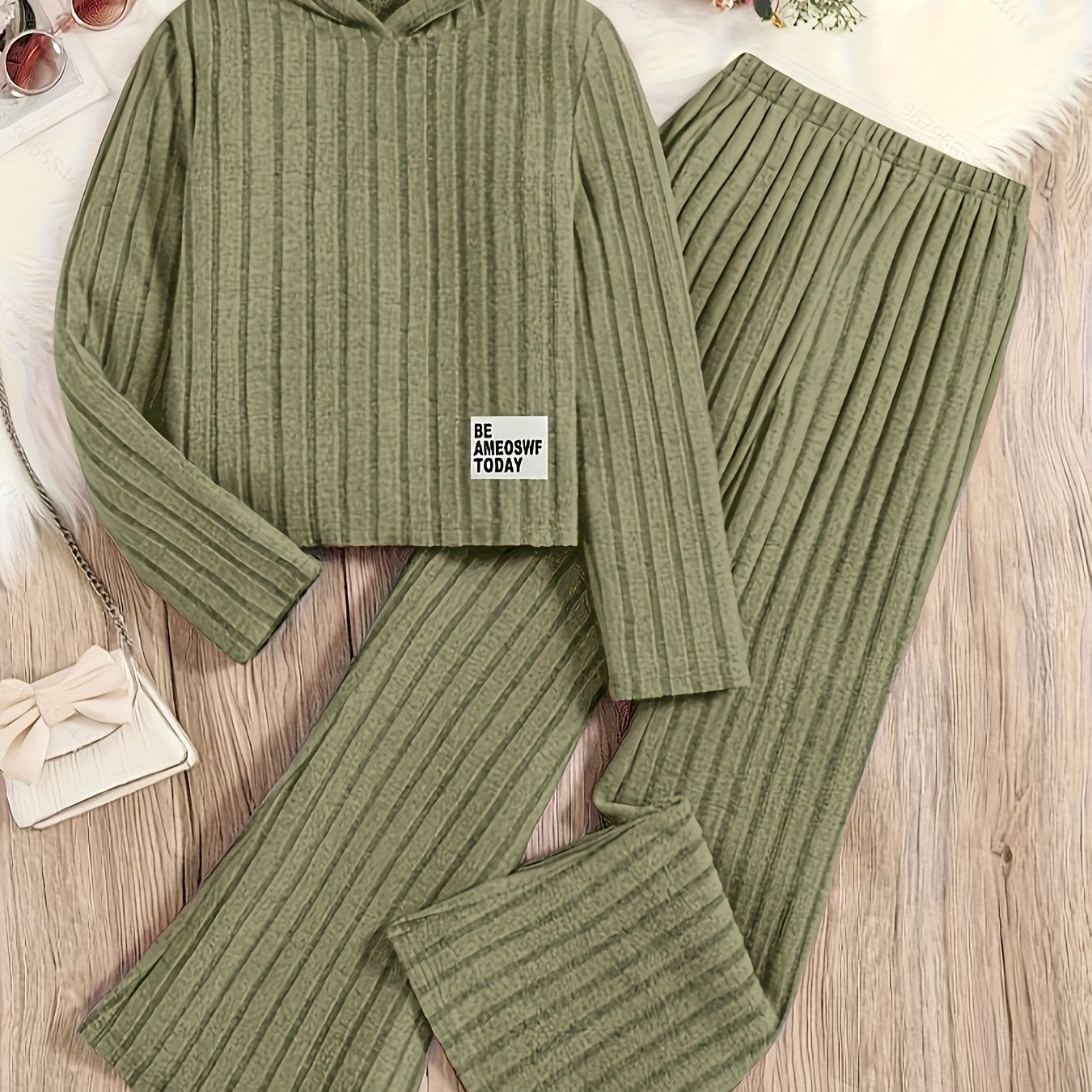 Conjunto de sudadera y pantalones de punto para niñas, de manga larga, de color sólido, poliéster, casual, para mayores de 3 años