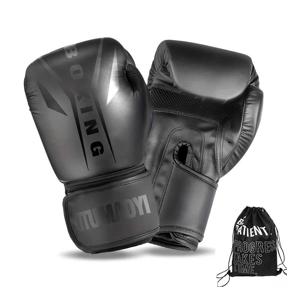 Adult Faux Leather Boxing Gloves for Muay Thai MMA Training 10oz-16oz Black