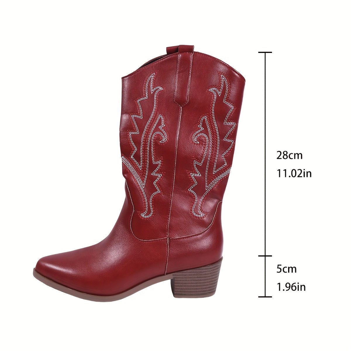 Women's Red Embroidered Western Cowboy Boots Slip-On Pointed Toe Mid Heel All-Season Footwear